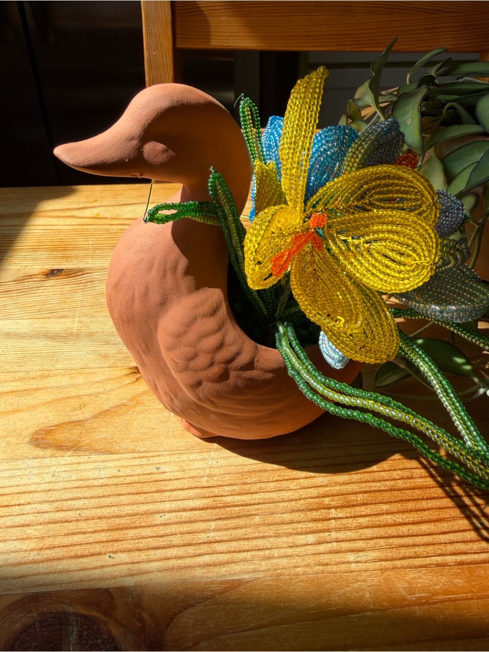 Vintage Terracotta Duck Vase with Beaded Flowers